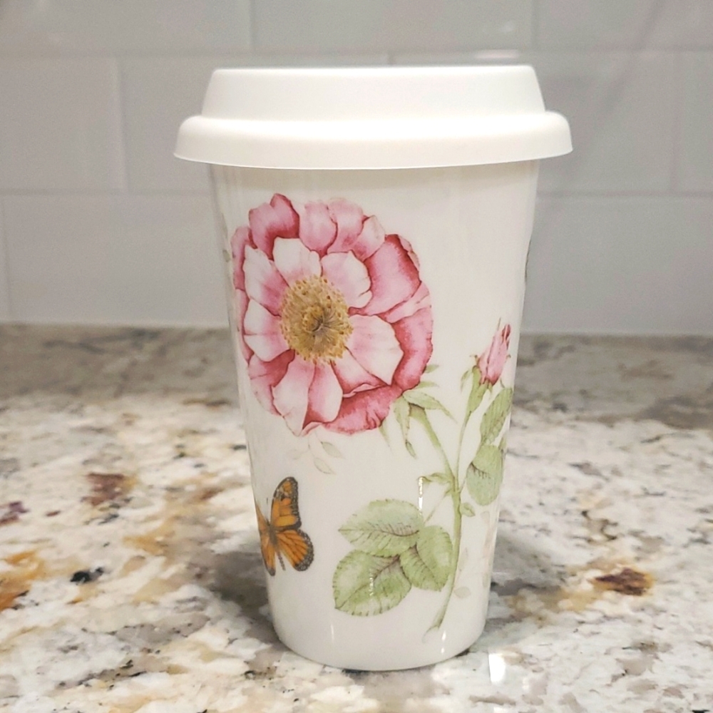 Lenox Butterfly Garden ceramic tumbler with silicone lid